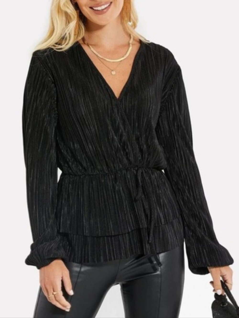 ⚡️$16✨️ Zara Black Mini Pleated Semi Sheer Tiered Peplum Top Size M 🔴